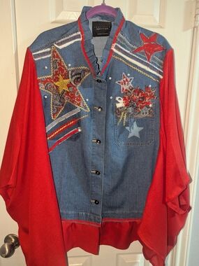 Patriotic Denim Vest with Red Sleeves and Star Embellishments